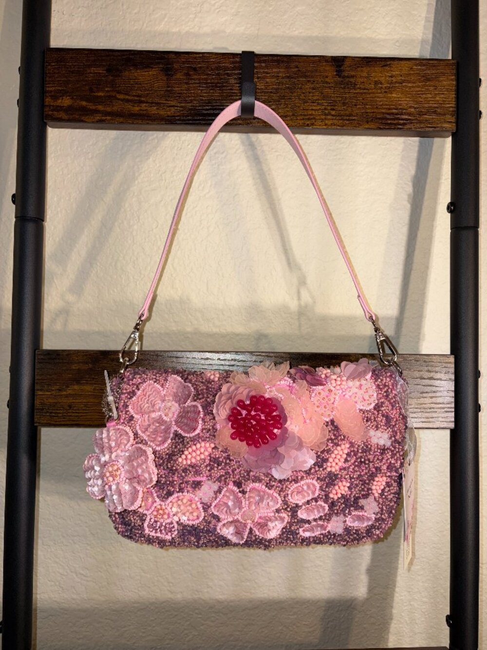 On Sale Pink Beaded Flower Bag Shoulder Bag Handmade In India Sequin NWT